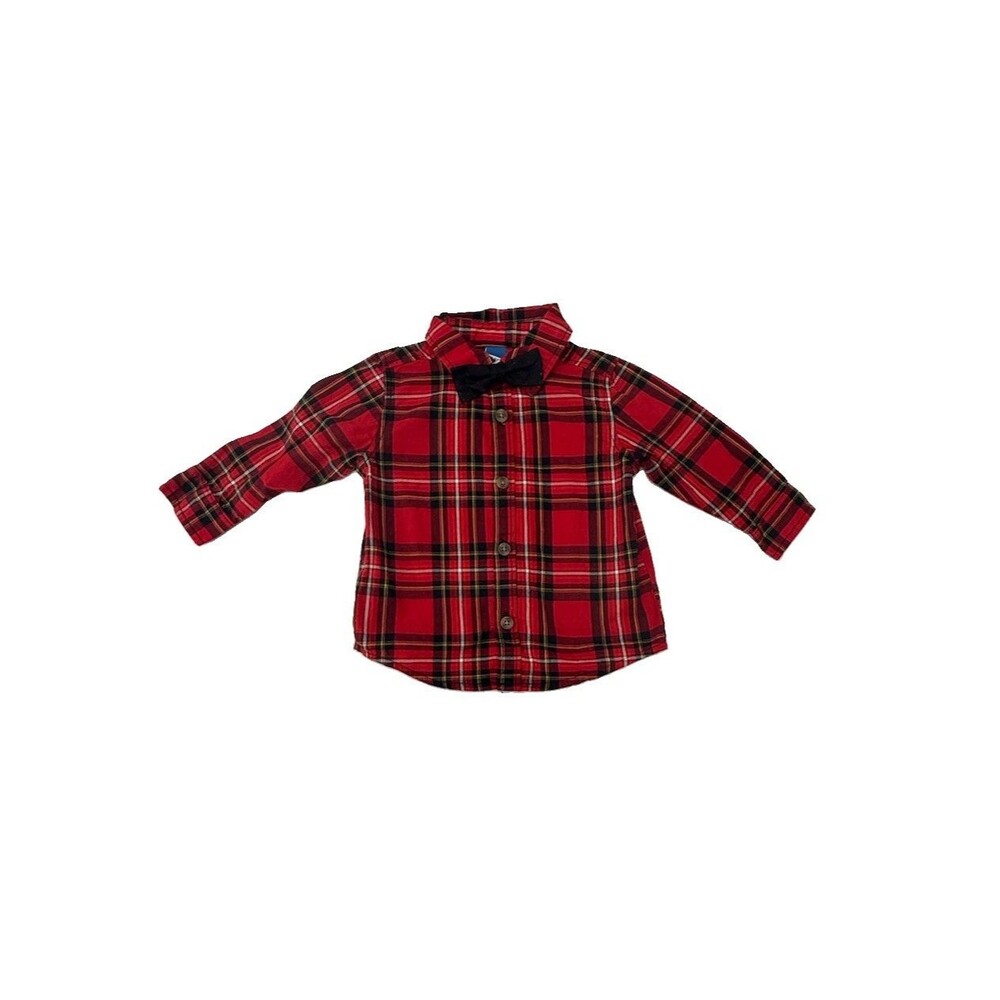 Old Navy Baby Boys Red Plaid Button Up Shirt with Bow Tie 6-12 Months